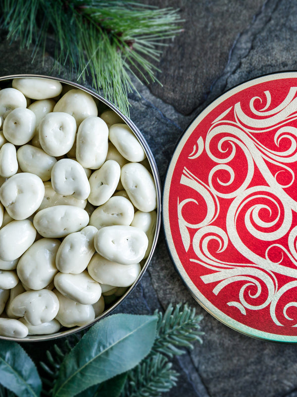 White Chocolate Pecans in Decorative Tin