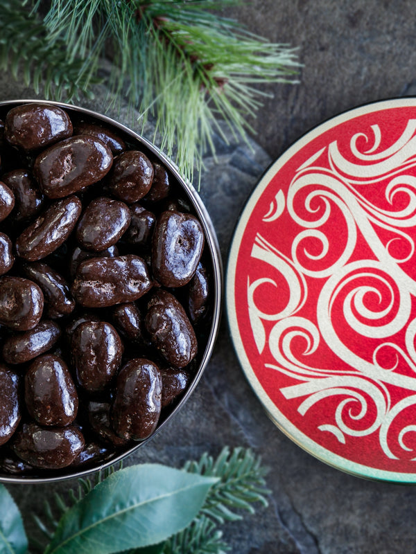 Dark Chocolate Pecans in Decorative Tin