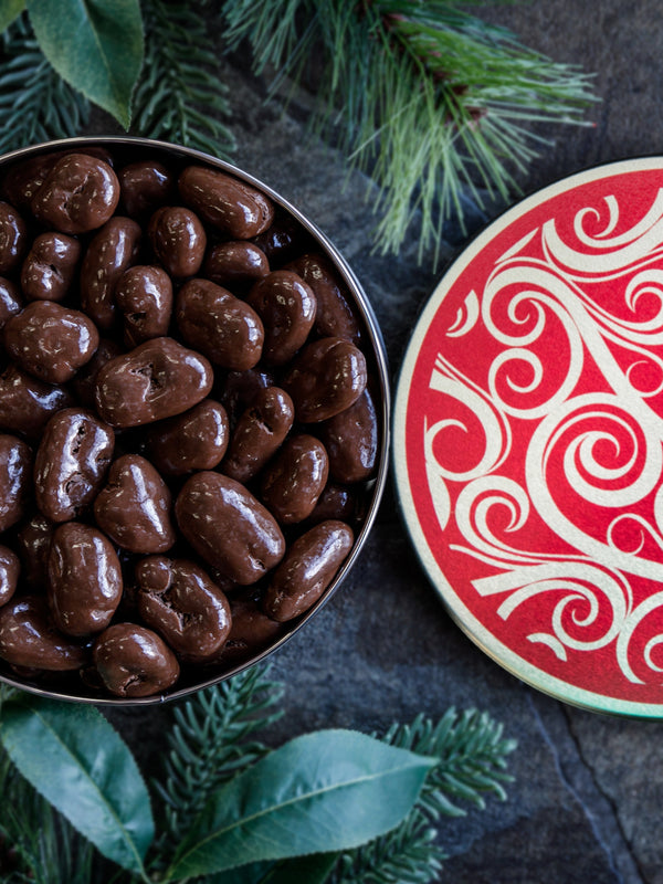 Dark Chocolate Pecans in Decorative Tin